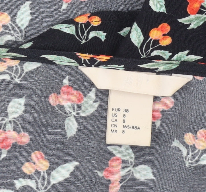 H&M Women’s Black Floral Wrap Blouse Size 10 3/4 Sleeve Viscose