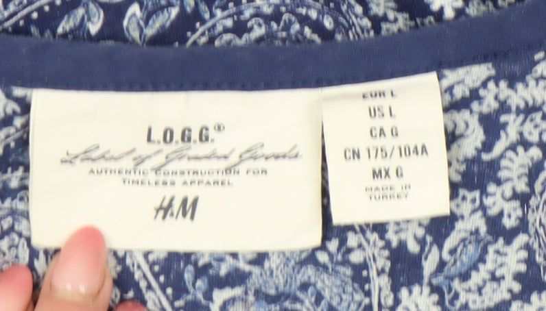 H&M Women’s Blue Paisley 3/4 Sleeve Tunic Blouse Size L Cotton