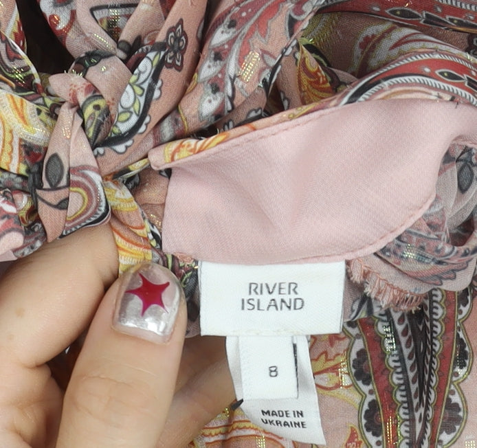 River Island Womens Pink Paisley Chiffon Tie Neck Blouse Size 8