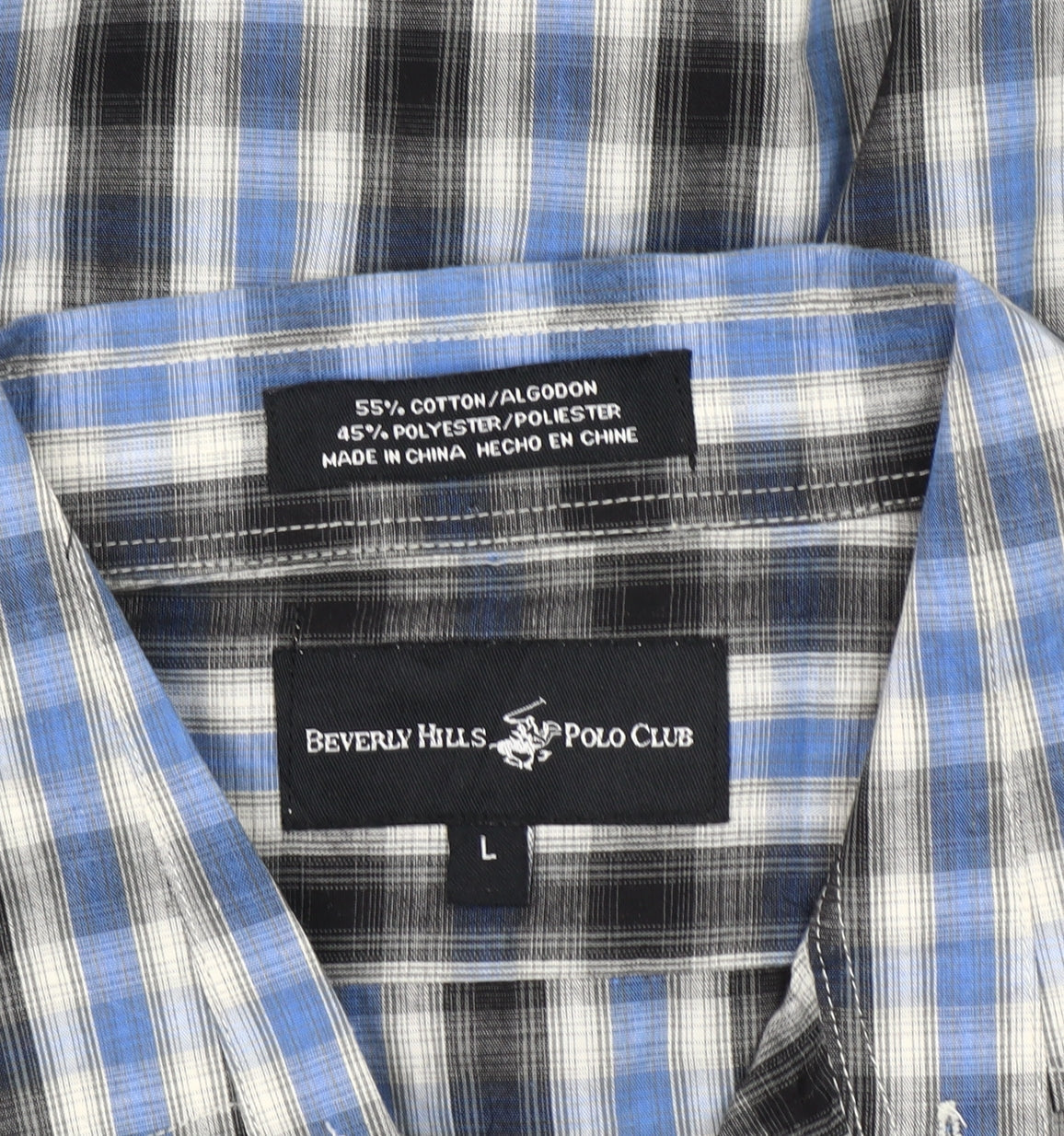 Brand and care label for Beverly Hills Polo Club Men’s Blue Checked Long Sleeve Shirt L