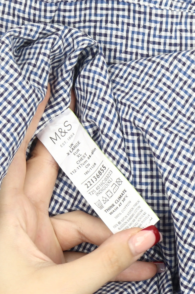 Marks & Spencer Men’s Blue Check Cotton Shirt XL Tailored Fit