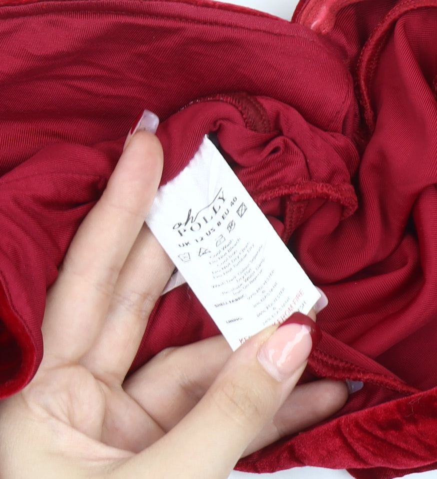 Oh Polly Womens Red Velvet Cropped Blouse UK 12 Slim Fit Long Sleeve
