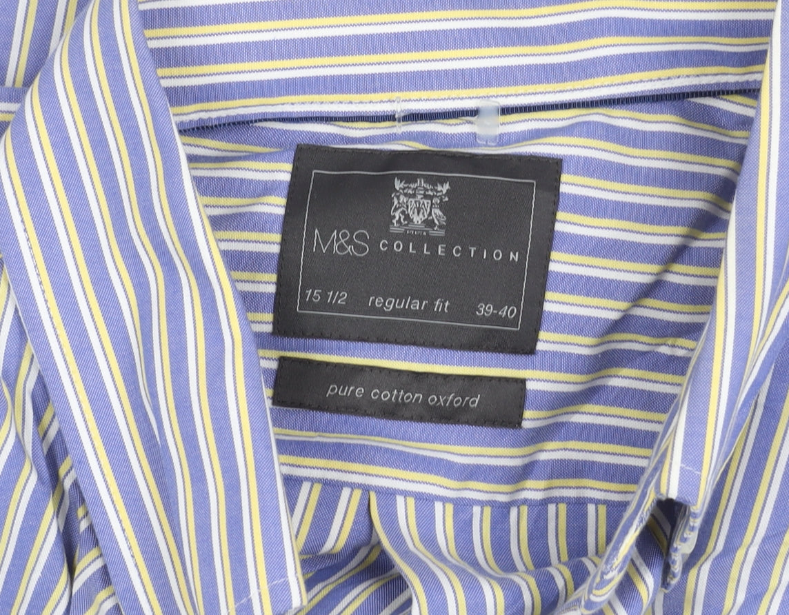 Marks & Spencer Men's Blue Striped Cotton Button-Up Shirt 15.5 Regular Fit