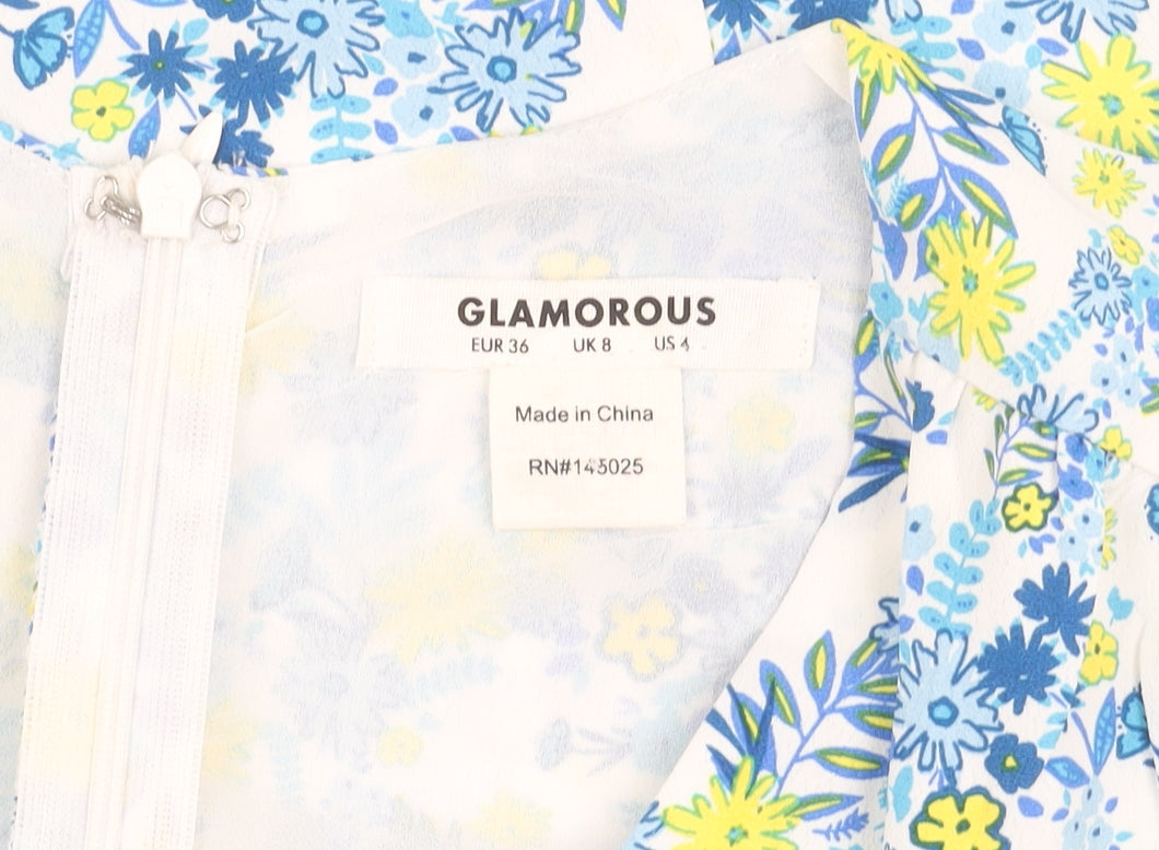 Glamorous Women’s Multicoloured Floral Mini Dress UK 8 V-Neck Long Sleeve
