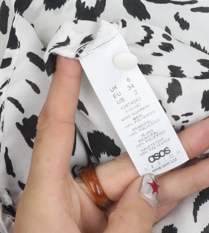 ASOS Women’s White Animal Print High Neck Tie Blouse Size 6