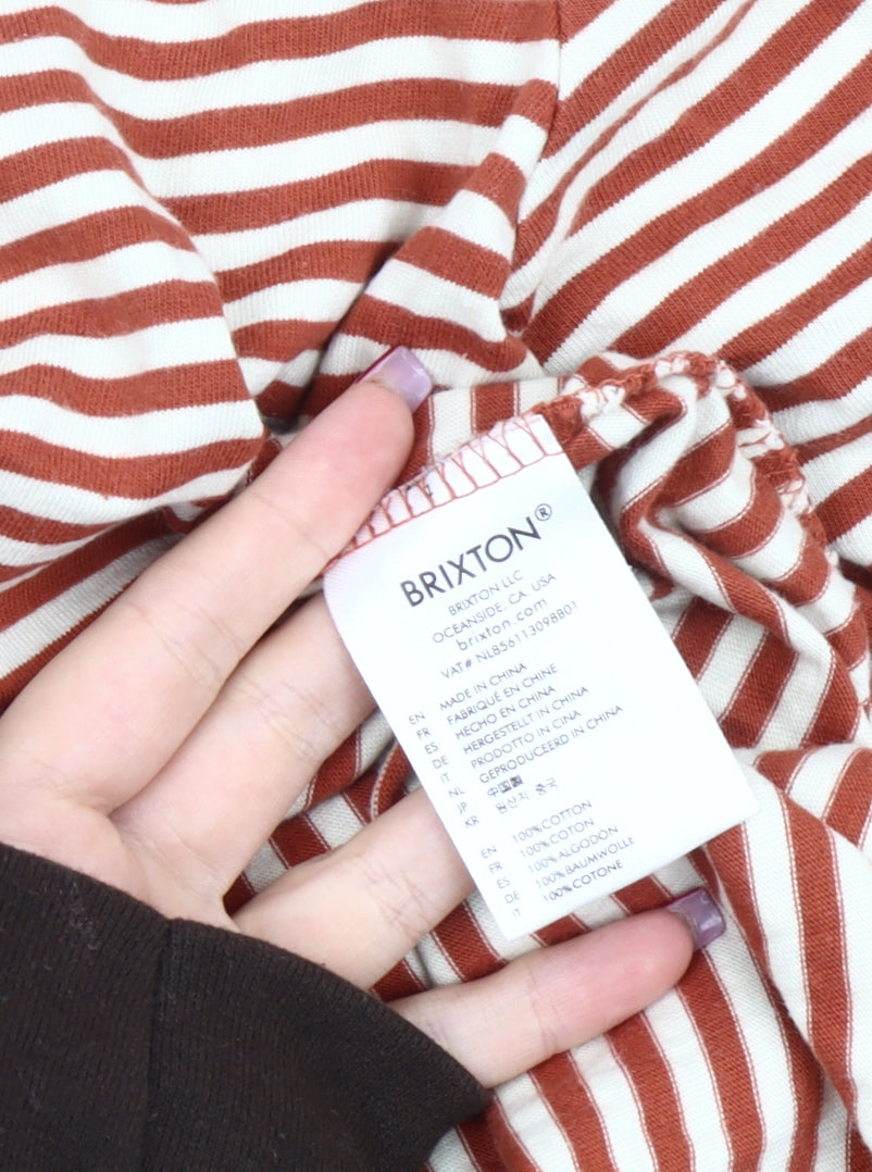 Brixton Men’s Brown Striped Cotton T-Shirt XL Crew Neck