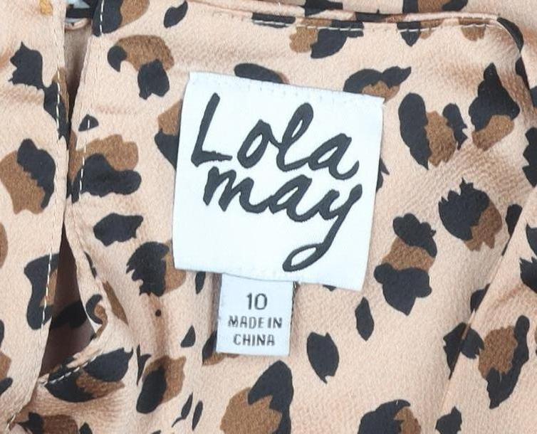 Lola May Women Beige Leopard Print Shift Dress Size 10 Short Puff Sleeve