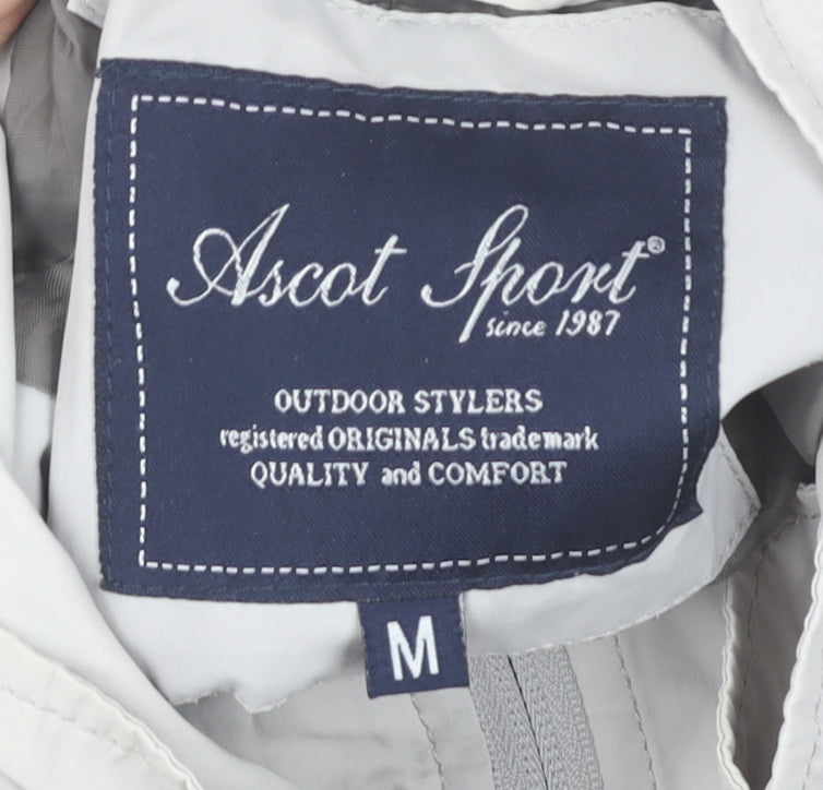 Brand and care label for Ascot Sport Men Grey Mid-Length Military Jacket, size M, Outdoor Zip Pockets
