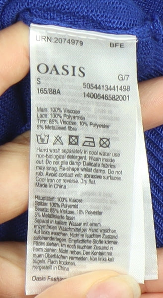 Oasis Women’s Blue Wrap Lace Accent Blouse Size S Viscose Knit