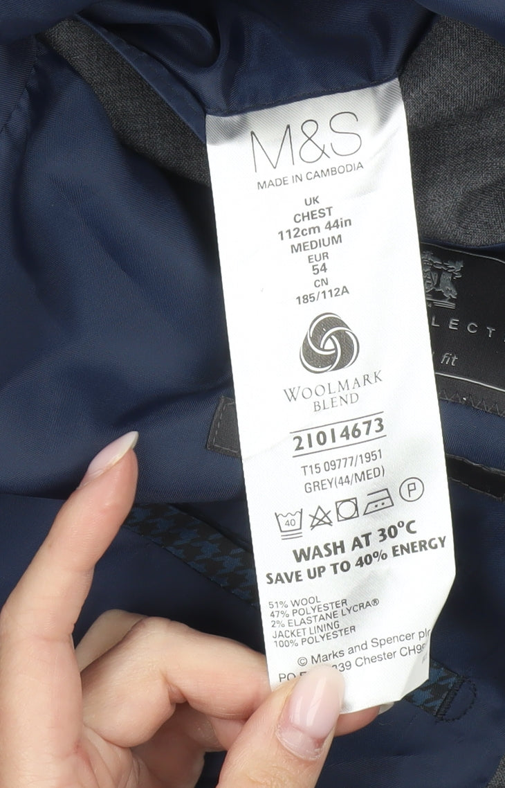 Marks & Spencer Men Grey Wool Blend Blazer Jacket Size 44 M Classic Fit