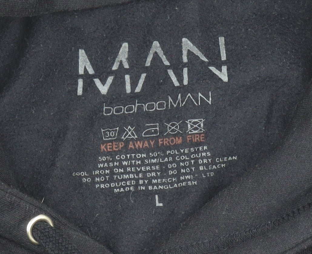 boohooMAN Men’s Black Pullover Hoodie L Graphic Print Logo