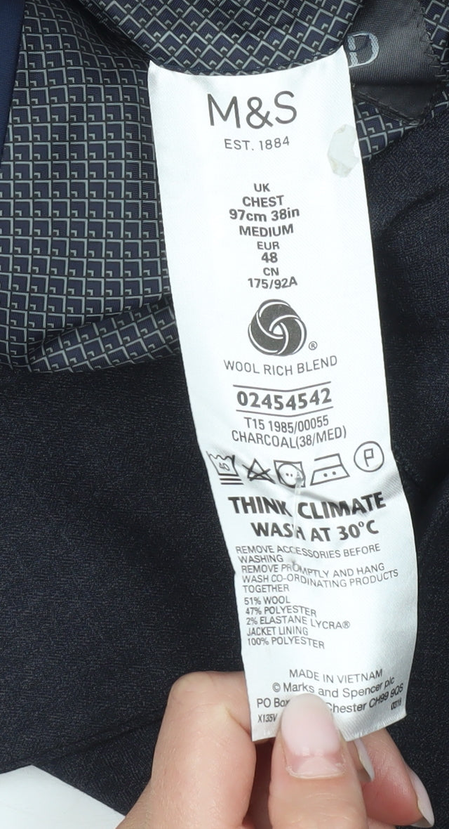 Marks & Spencer Men’s Grey Wool Blend Suit Jacket 38 Chest