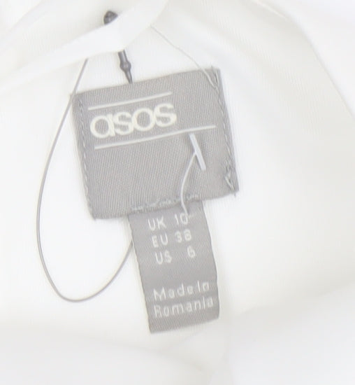 Brand and care label for ASOS Women White, size 10, Bodycon Midi Dress Ruffle Hem V-Neck
