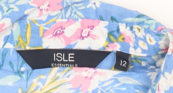 Isle Essentials Womens Blue Floral Button-Up Tunic Shirt Size 12