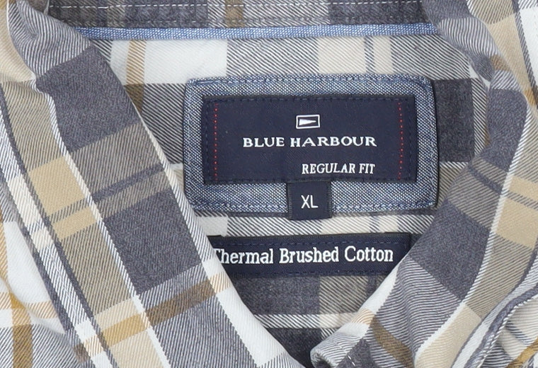 Marks & Spencer Men’s Grey Plaid XL Flannel Cotton Button-Up Shirt
