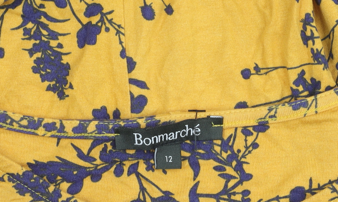 Bonmarché Women’s Yellow Floral A-Line Dress Size 12 Scoop Neck