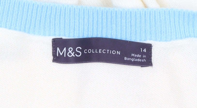Marks & Spencer Women Ivory Blue V-Neck Acrylic Jumper Size 14