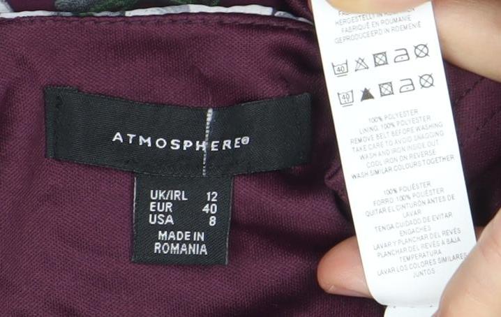 Brand and care label for Atmosphere Women Purple Floral Shift Dress, size 12, Long Sleeve