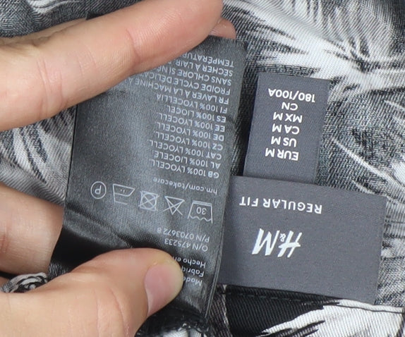 H&M Men’s Black Tropical Palm Print Short Sleeve Button-Up Shirt M