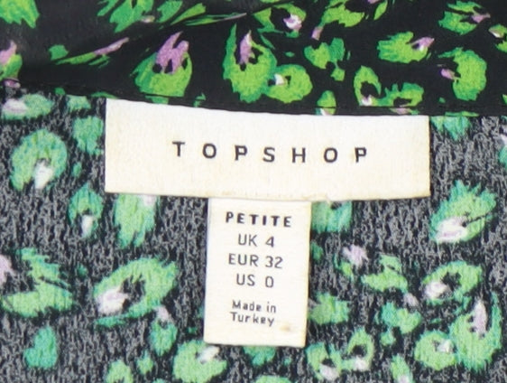 Topshop Womens Petite Green Animal Print Blouse UK 4 Tunic Long Sleeve
