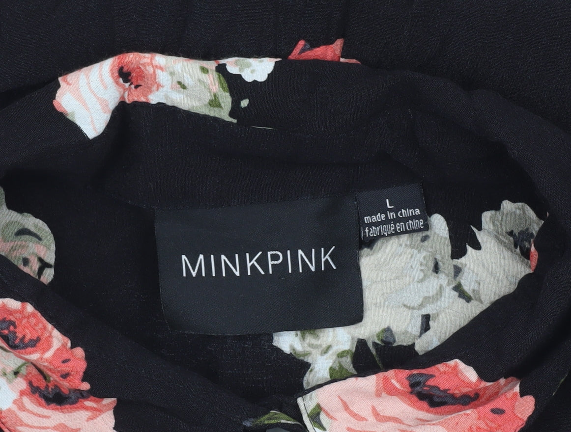 Minkpink Womens Black Floral Button-Up Shirt L Lightweight Viscose