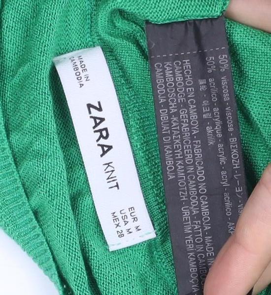 Zara Women Green Knit Pullover Jumper Medium Crew Neck Long Sleeve