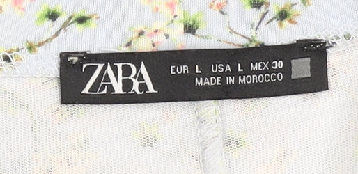 Zara Women Blue Floral Animal Print Shift Dress L Puff Sleeve
