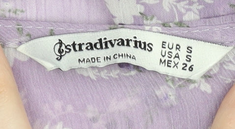 Stradivarius Women Purple Floral Wrap Blouse Size 8 V-Neck Long Sleeve