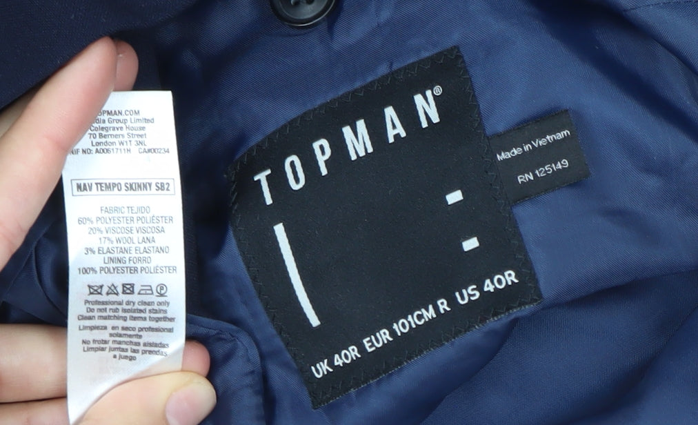 Topman Men’s Navy Blue Slim Fit Suit Jacket 40R Two Button