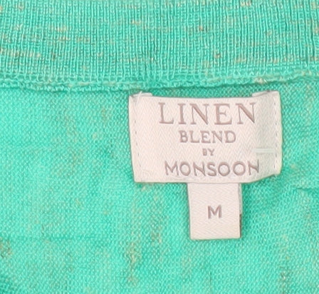 Monsoon Womens Green Linen Blend V-Neck Short Sleeve Pullover Jumper M