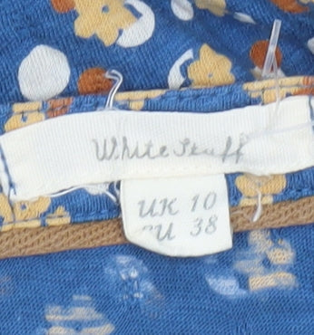 White Stuff Womens Blue Floral Cotton Blouse Size 10 V-Neck Short Sleeve