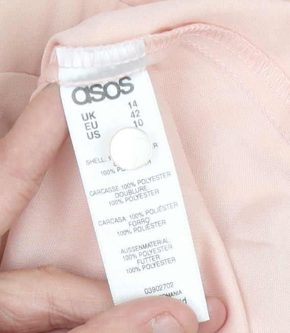 Brand and care label for ASOS Women’s Pink Wrap Dress, size UK 14, Knee Length V-Neck