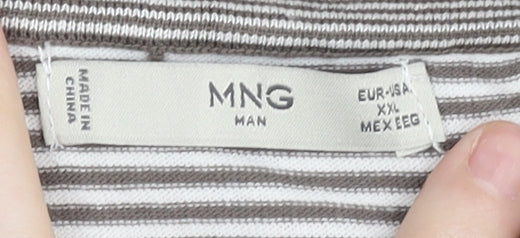 Mango Men Grey Striped 2XL Polo Shirt Cotton Blend Short Sleeve