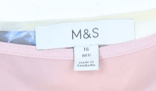 Marks & Spencer Women's Pink Floral Blouse Size 16 Puff Sleeve Chiffon