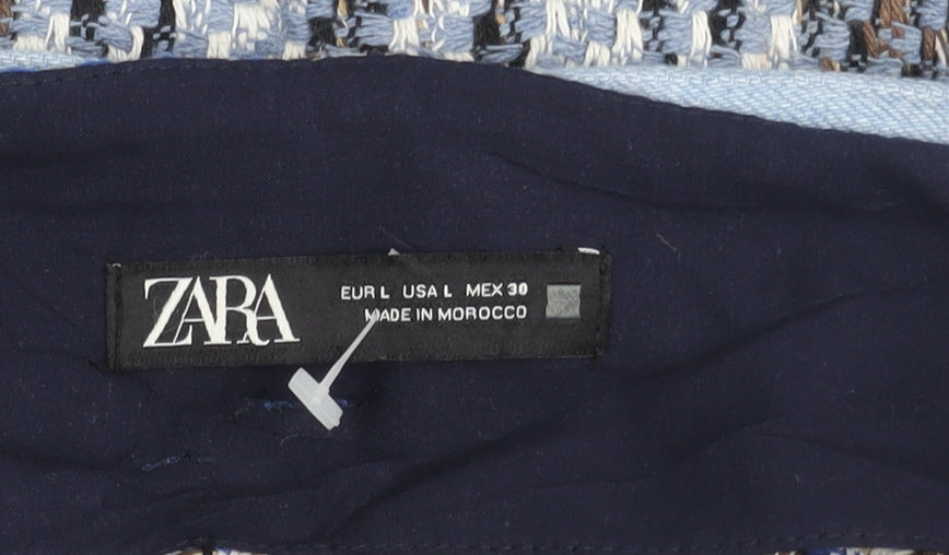 Zara Womens Blue Brown Tweed Check Short Skirt Lined Size L
