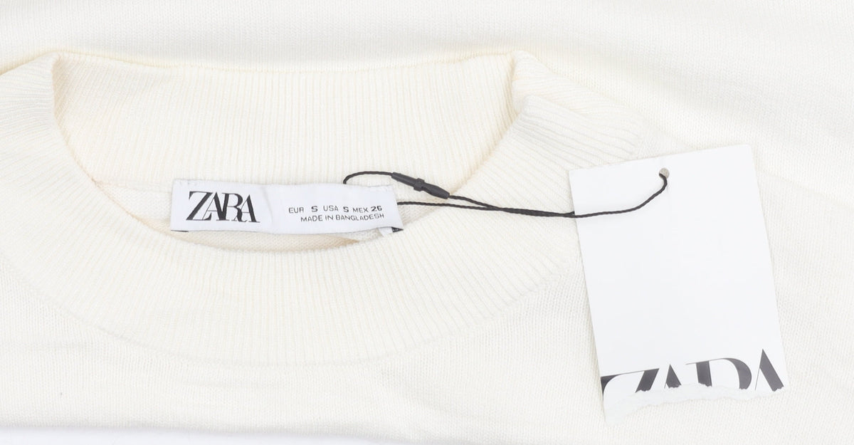 Zara Women Ivory Cropped Cotton T-Shirt Size S Short Sleeve