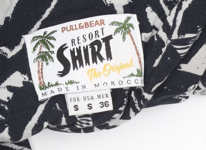 Pull&Bear Men’s Black Geometric Resort Shirt S Short Sleeve Viscose