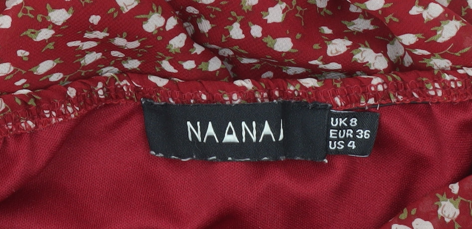 Naanaa Women's Red Floral Puff Sleeve Bodycon Dress UK 8