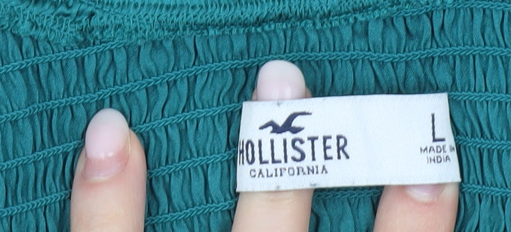 Hollister Womens Green Satin Cropped Blouse L Long Puff Sleeve