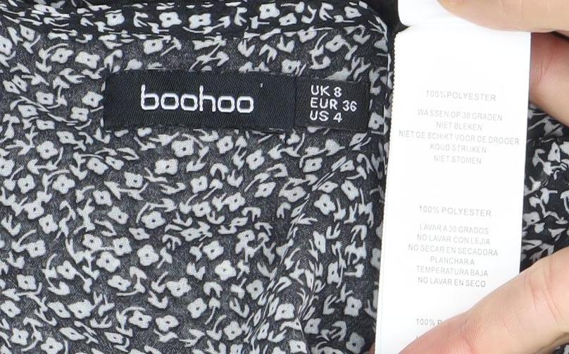 Boohoo Women’s Black Floral Cropped Blouse Size 8 Puff Sleeve