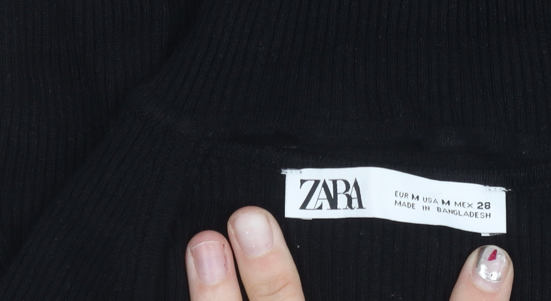 Zara Women Black M Mock Neck Slim Knit Long Sleeve Top