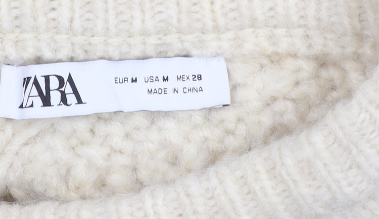 Zara Women Ivory Cable Knit Cardigan M Long Sleeve Crew Neck Fringed