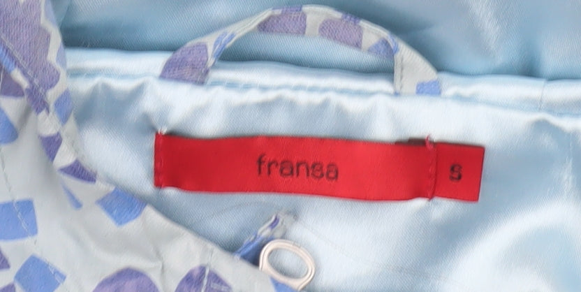 Fransa Womens Blue Geometric Hooded Rain Coat Size S Mid-Length