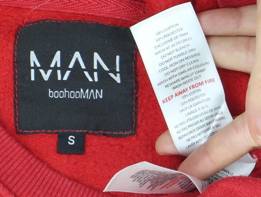 boohooMAN Men's Red Logo Pullover Sweatshirt Size S Crew Neck
