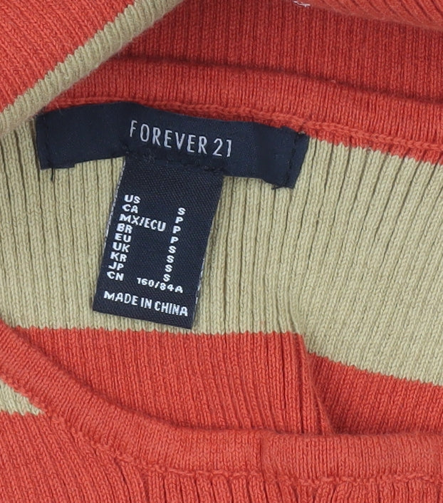 Forever 21 Women Orange Beige Striped Bodycon Knit Midi Dress XS