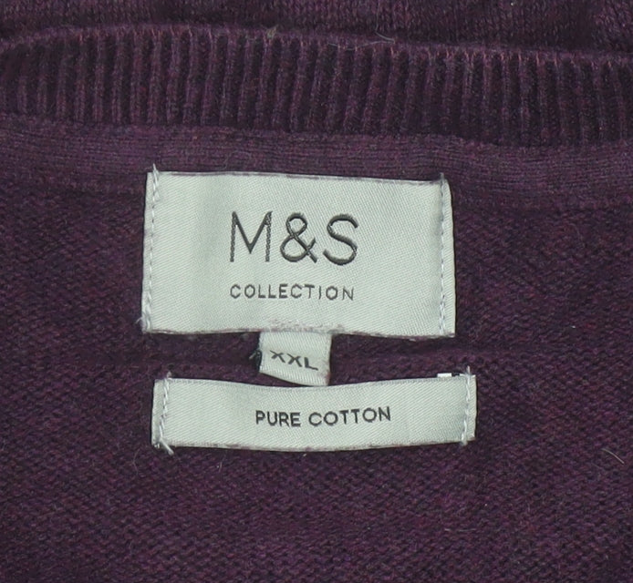 Marks & Spencer Mens Purple 2XL Cotton V-Neck Jumper