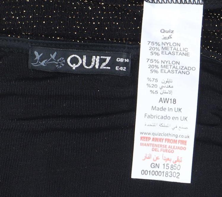 Quiz Women’s Black Glitter Fit & Flare Dress Size 14 Party Zip Bell Sleeve
