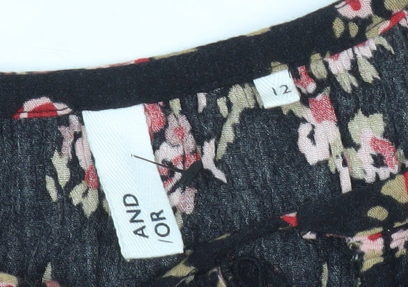 AND/OR Womens Black Floral Cold Shoulder Blouse Size 12 Summer Top