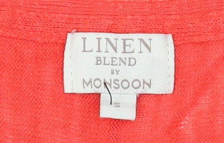 Monsoon Womens Red Linen Blend Tunic Blouse S Long Sleeve V-Neck