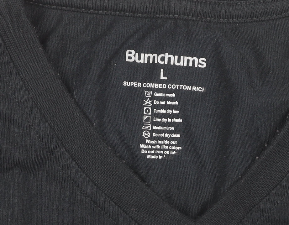Bumchums Men’s Black Long Sleeve V-Neck Cotton T-Shirt Size L